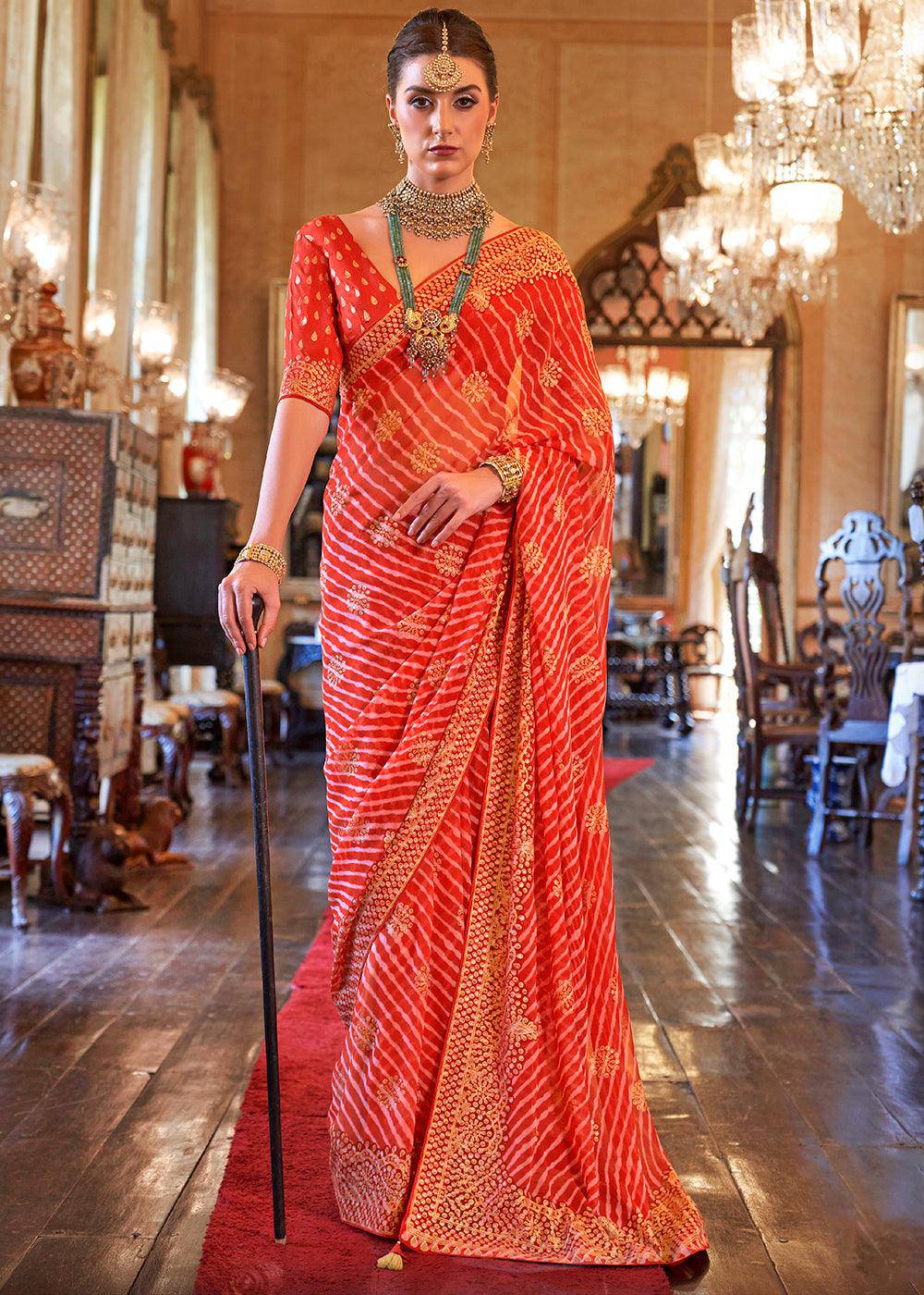 Tart Red Leheriya Printed Georgette Saree | Stitched Blouse - qivii