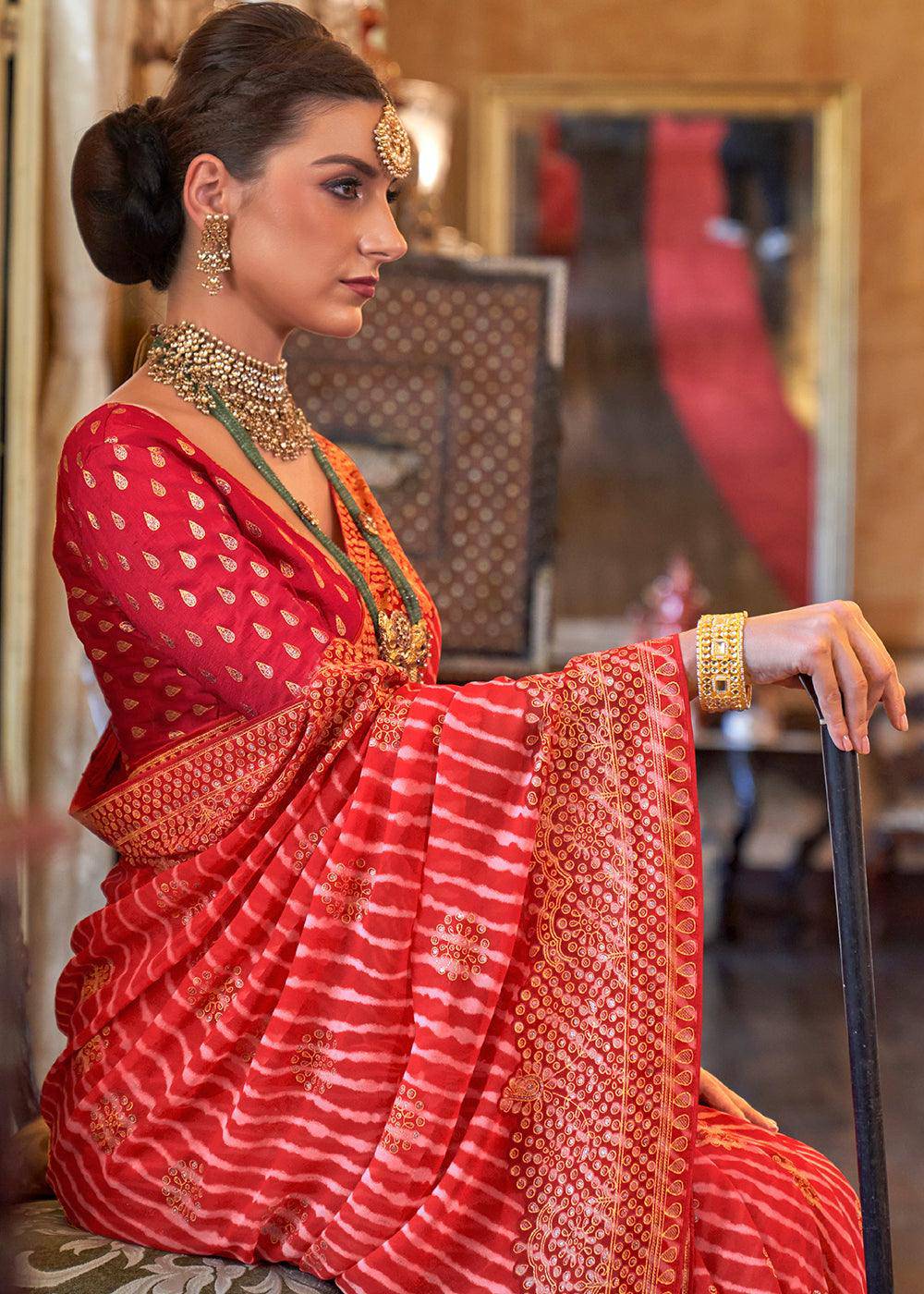 Tart Red Leheriya Printed Georgette Saree | Stitched Blouse - qivii