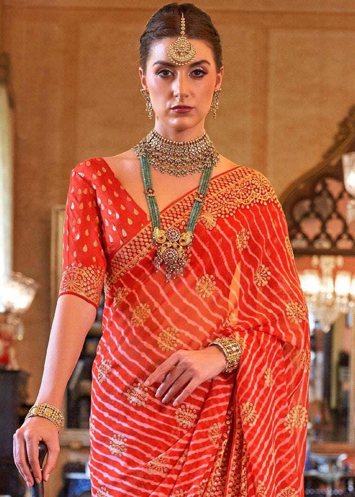 Tart Red Leheriya Printed Georgette Saree | Stitched Blouse - qivii