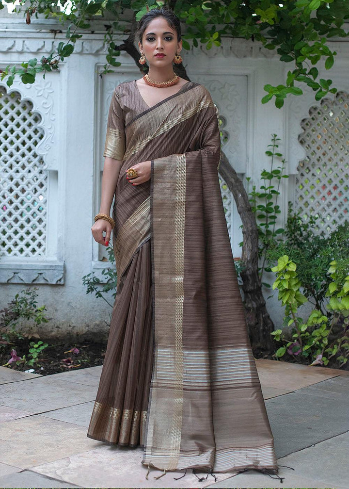 Taupe Brown Zari Woven Designer Tussar Silk Saree | Stitched Blouse - qivii