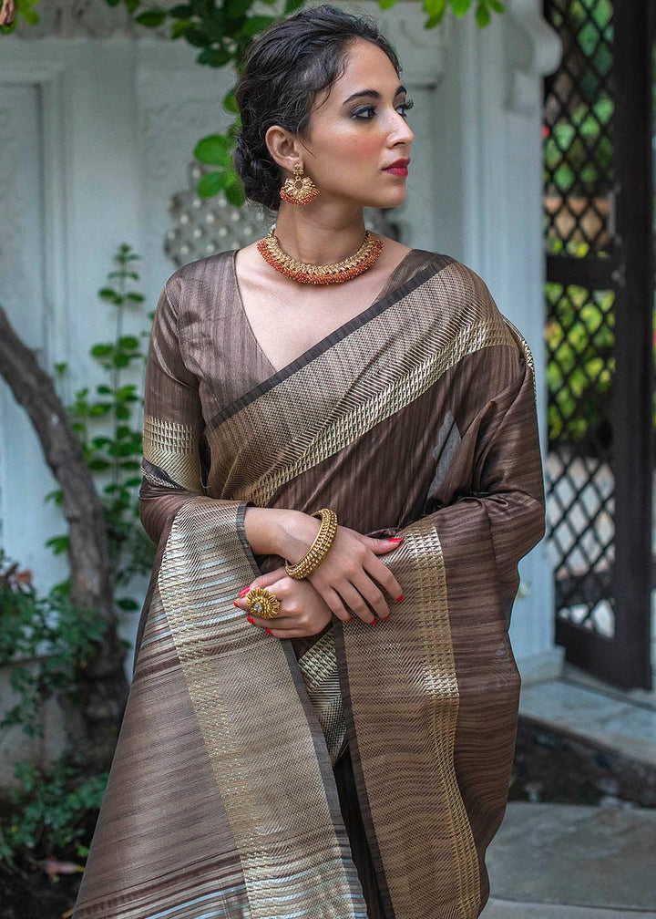 Taupe Brown Zari Woven Designer Tussar Silk Saree | Stitched Blouse - qivii