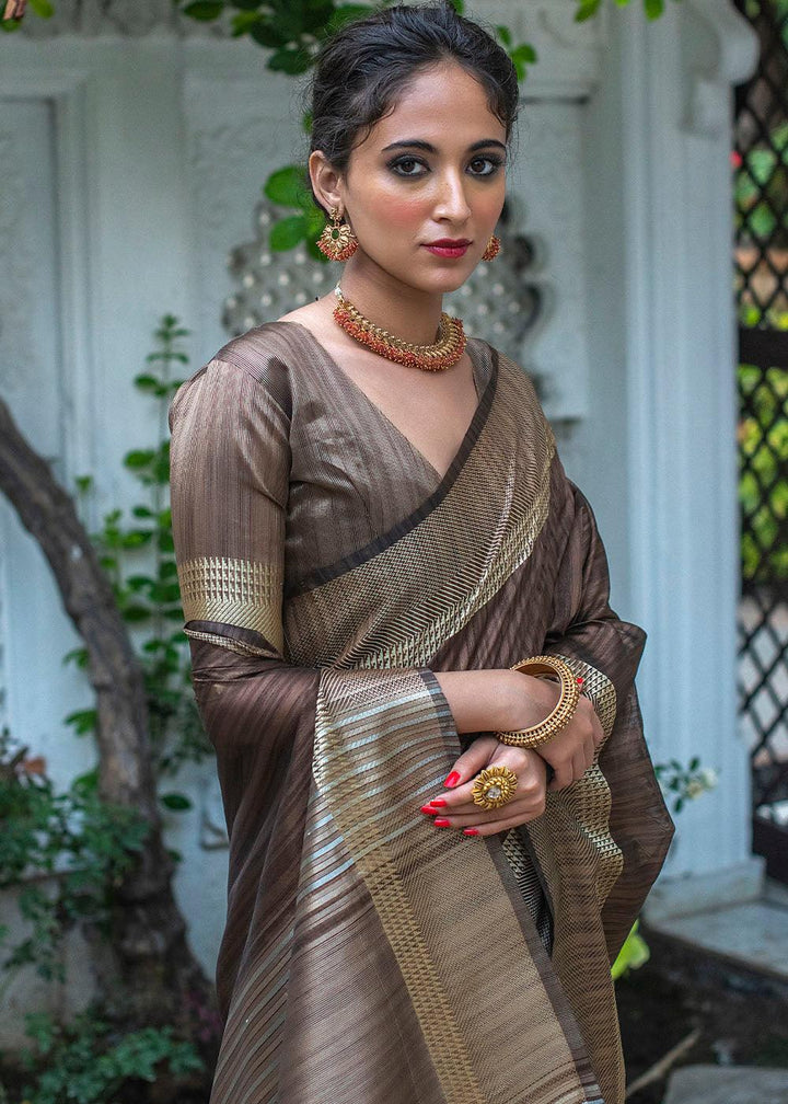 Taupe Brown Zari Woven Designer Tussar Silk Saree | Stitched Blouse - qivii