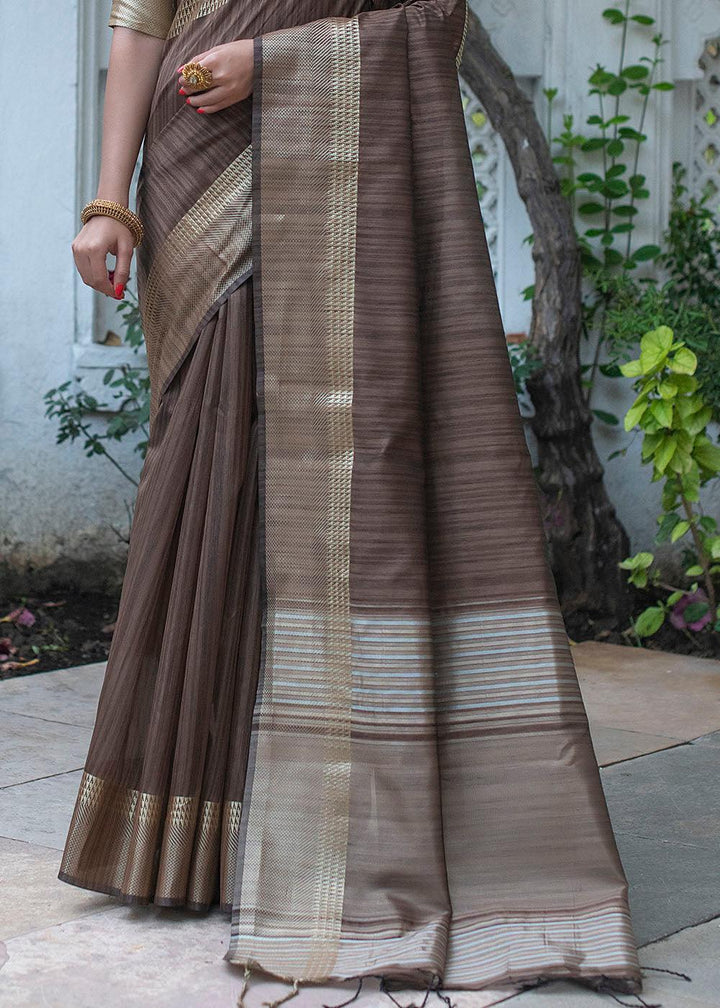 Taupe Brown Zari Woven Designer Tussar Silk Saree | Stitched Blouse - qivii