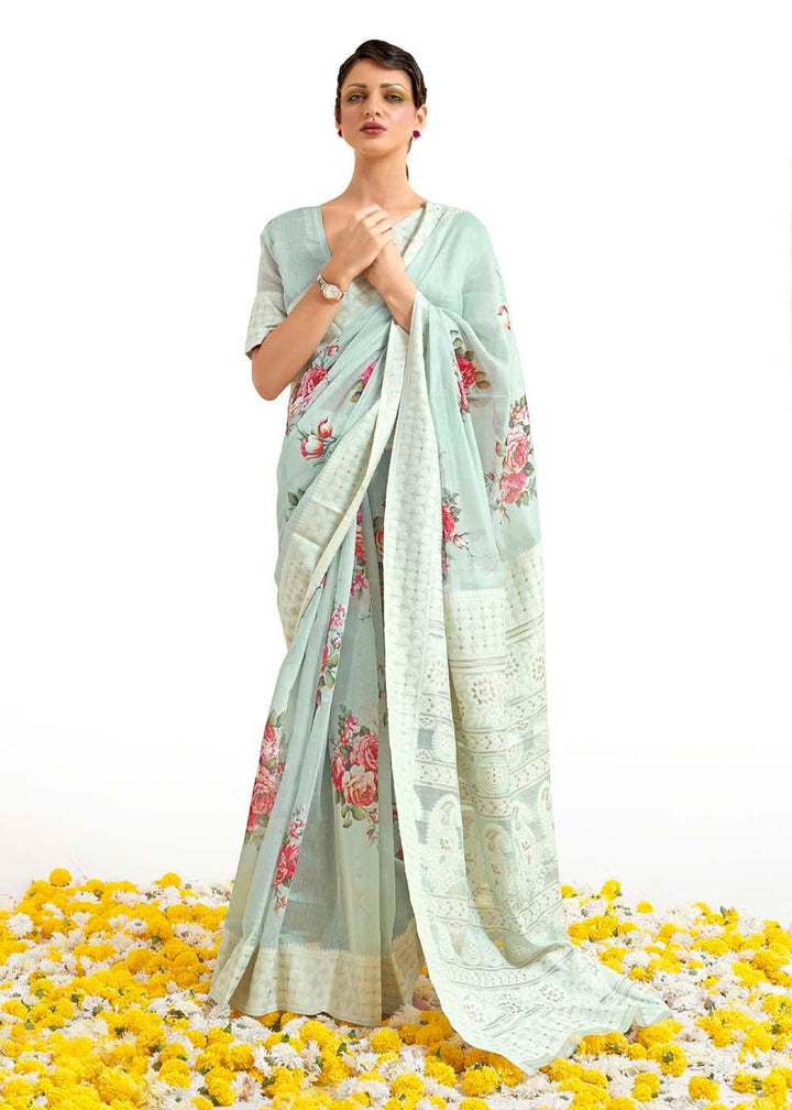 Tea Green Chikankari Silk Saree with Floral Digital Print | Stitched Blouse - qivii