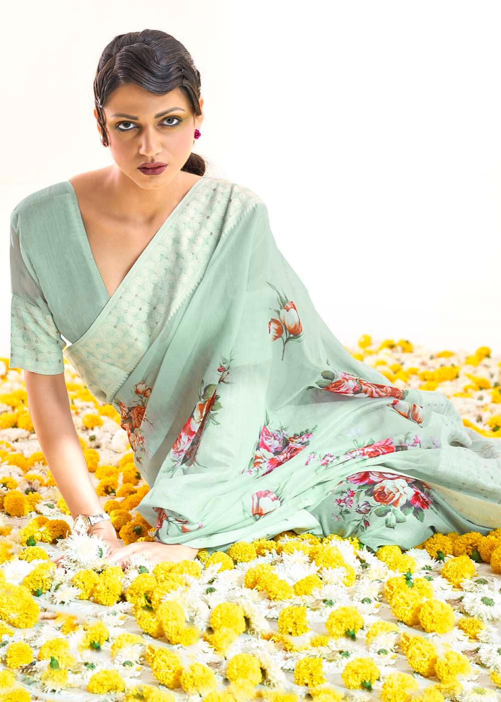 Tea Green Chikankari Silk Saree with Floral Digital Print | Stitched Blouse - qivii