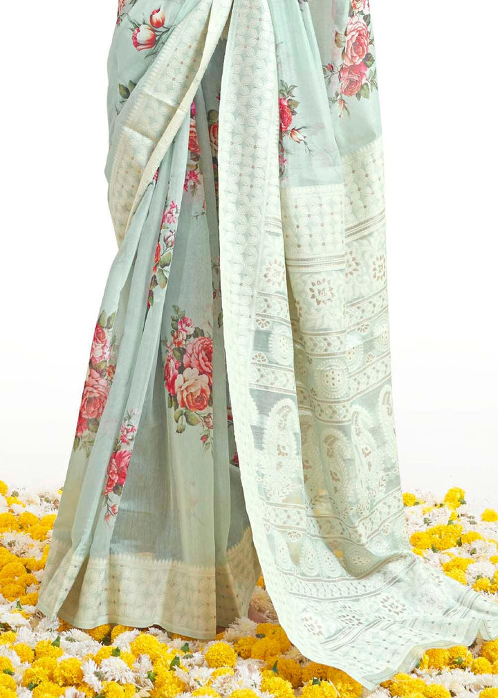 Tea Green Chikankari Silk Saree with Floral Digital Print | Stitched Blouse - qivii