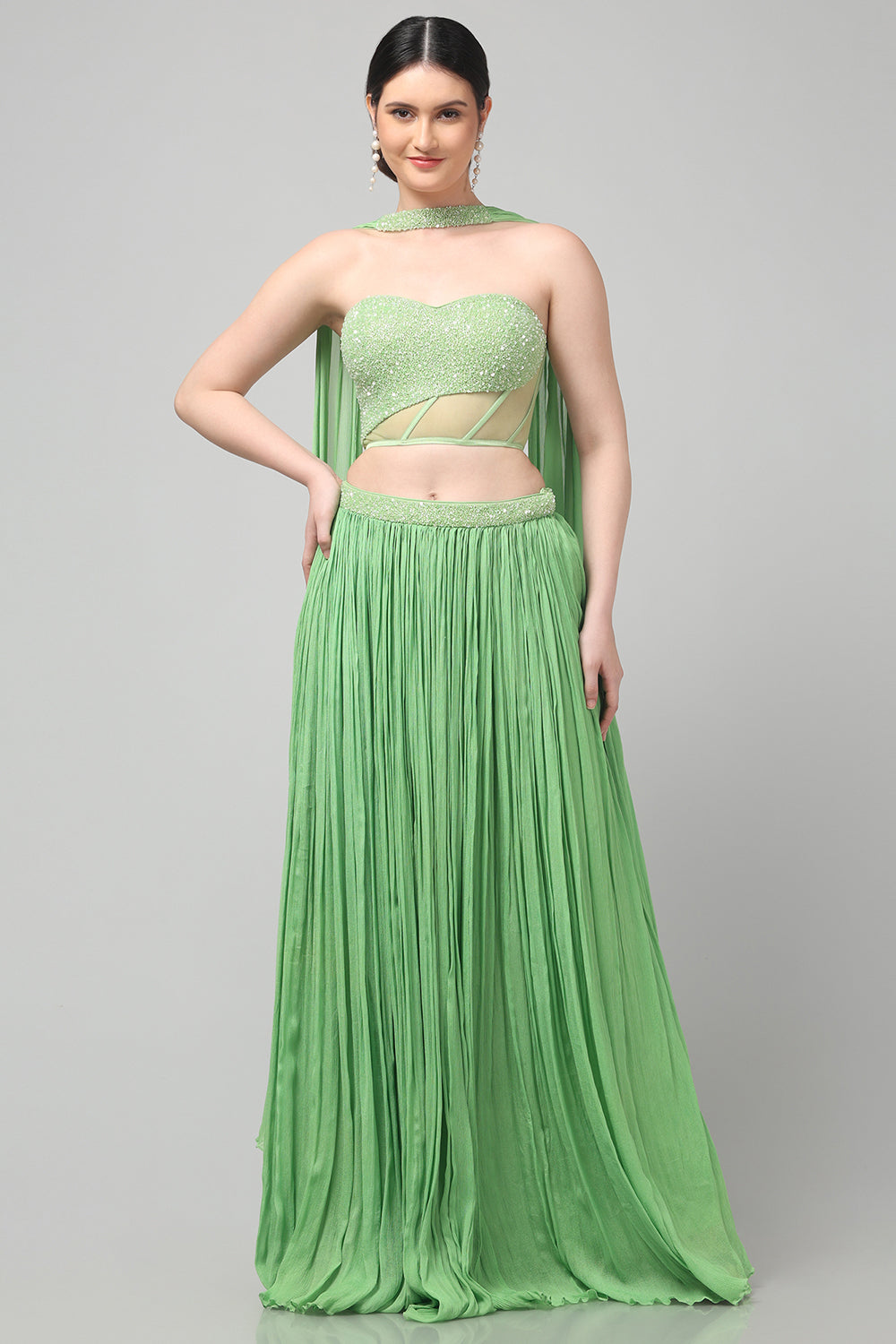 Tea-Green Corset with pleated Skirt & Dupatta