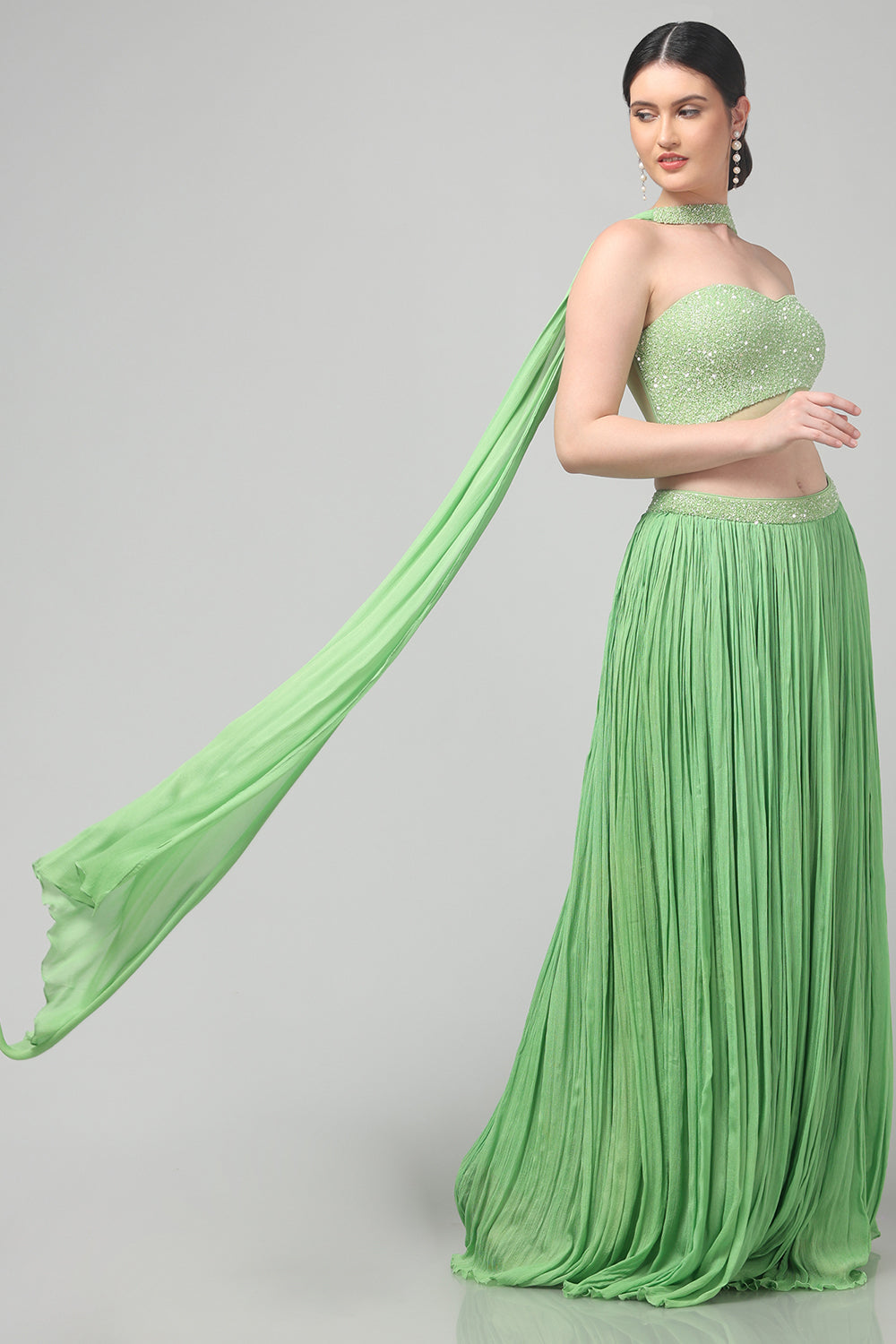 Tea-Green Corset with pleated Skirt & Dupatta