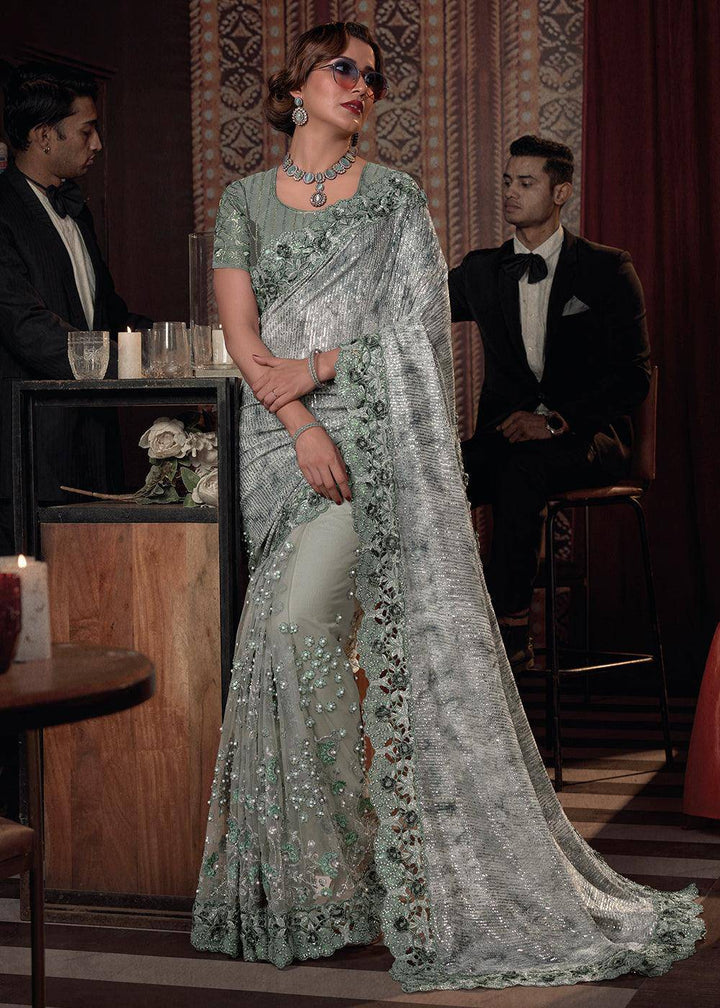 Tea Green Digital Net Saree with Thread, Sequence,Zarkan,Moti and Flower Applique work | Stitched Blouse - qivii