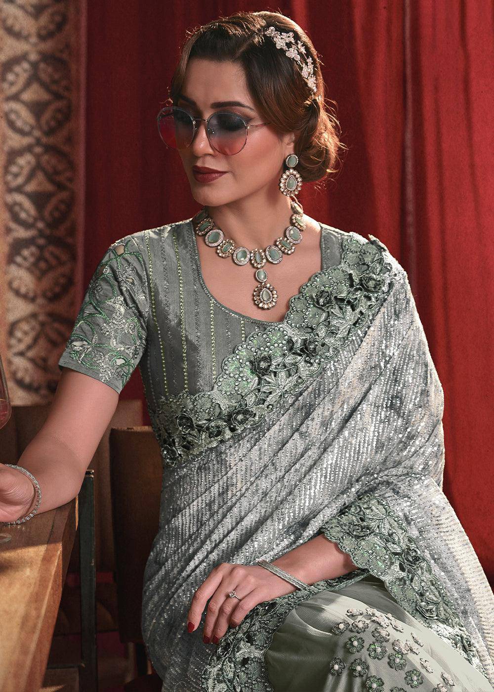 Tea Green Digital Net Saree with Thread, Sequence,Zarkan,Moti and Flower Applique work | Stitched Blouse - qivii