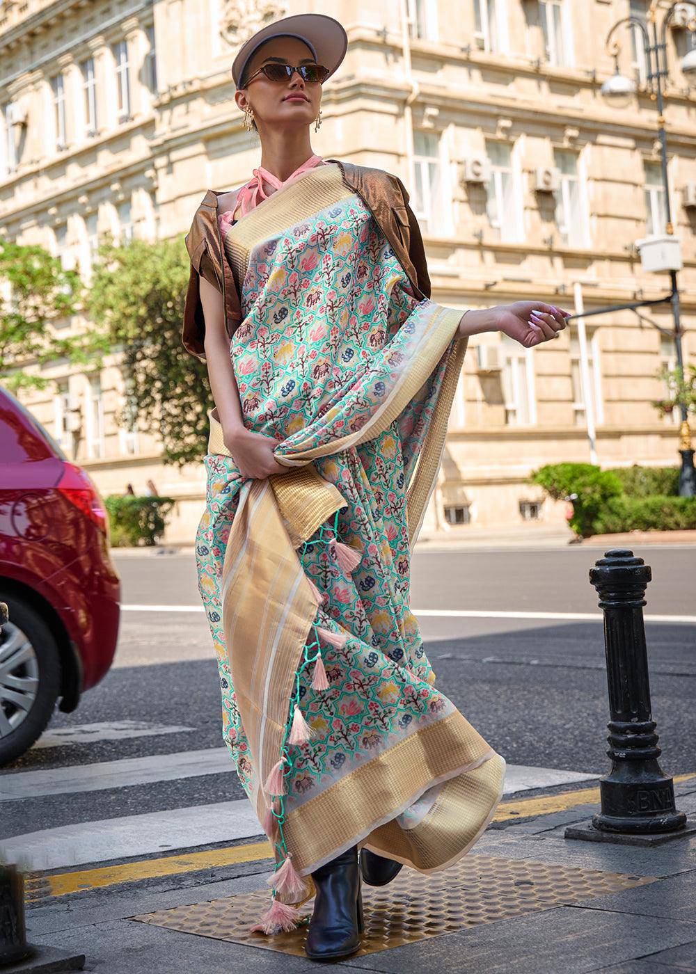 Tea Green Floral Printed Satin Organza Saree | Stitched Blouse - qivii