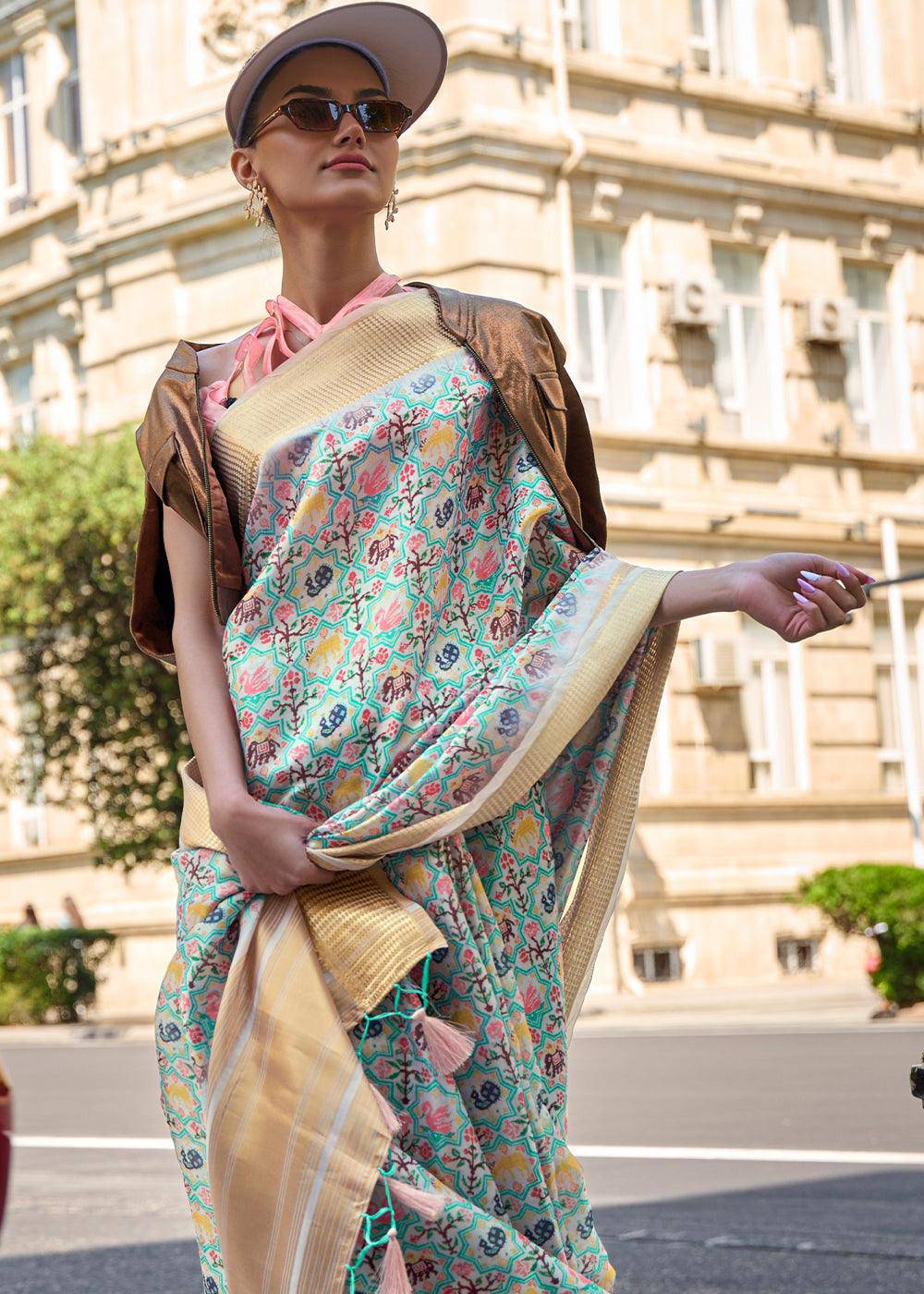 Tea Green Floral Printed Satin Organza Saree | Stitched Blouse - qivii