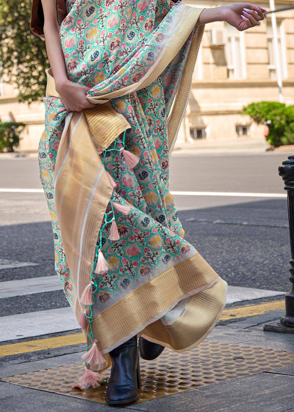 Tea Green Floral Printed Satin Organza Saree | Stitched Blouse - qivii