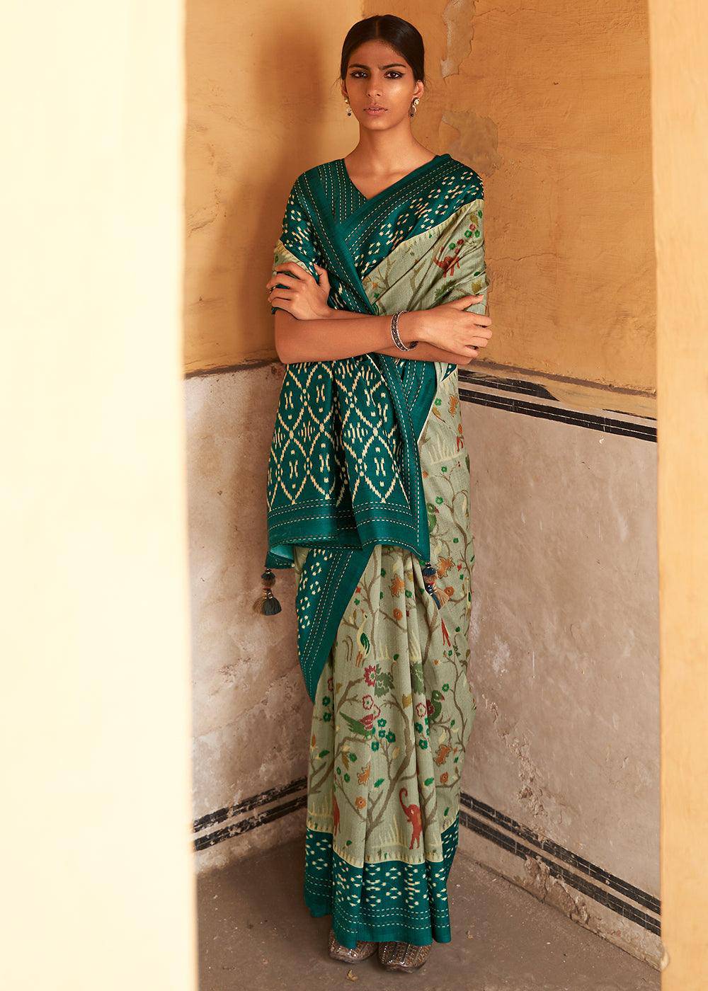 Tea Green Patola Print Tussar Silk Saree | Stitched Blouse - qivii