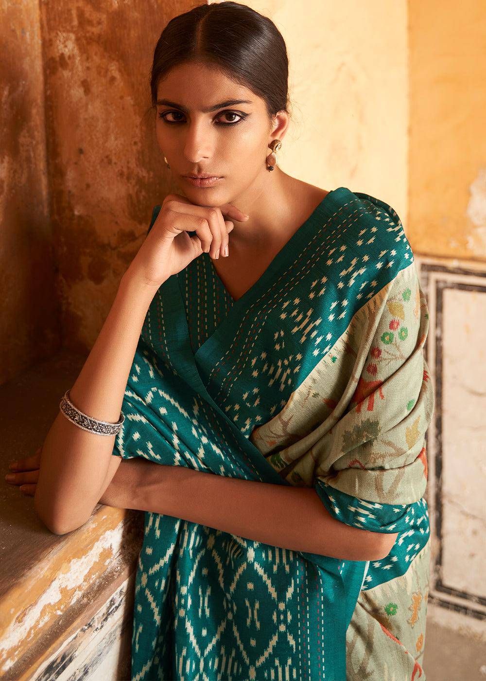 Tea Green Patola Print Tussar Silk Saree | Stitched Blouse - qivii