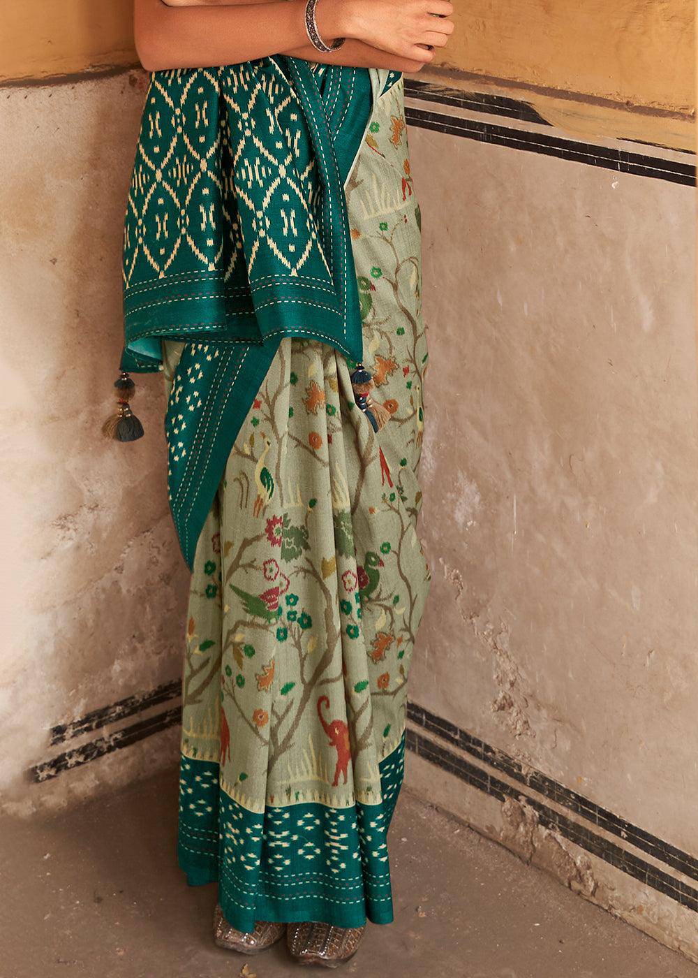 Tea Green Patola Print Tussar Silk Saree | Stitched Blouse - qivii