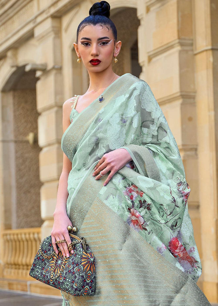 Tea Green Printed Soft Silk Saree - qivii