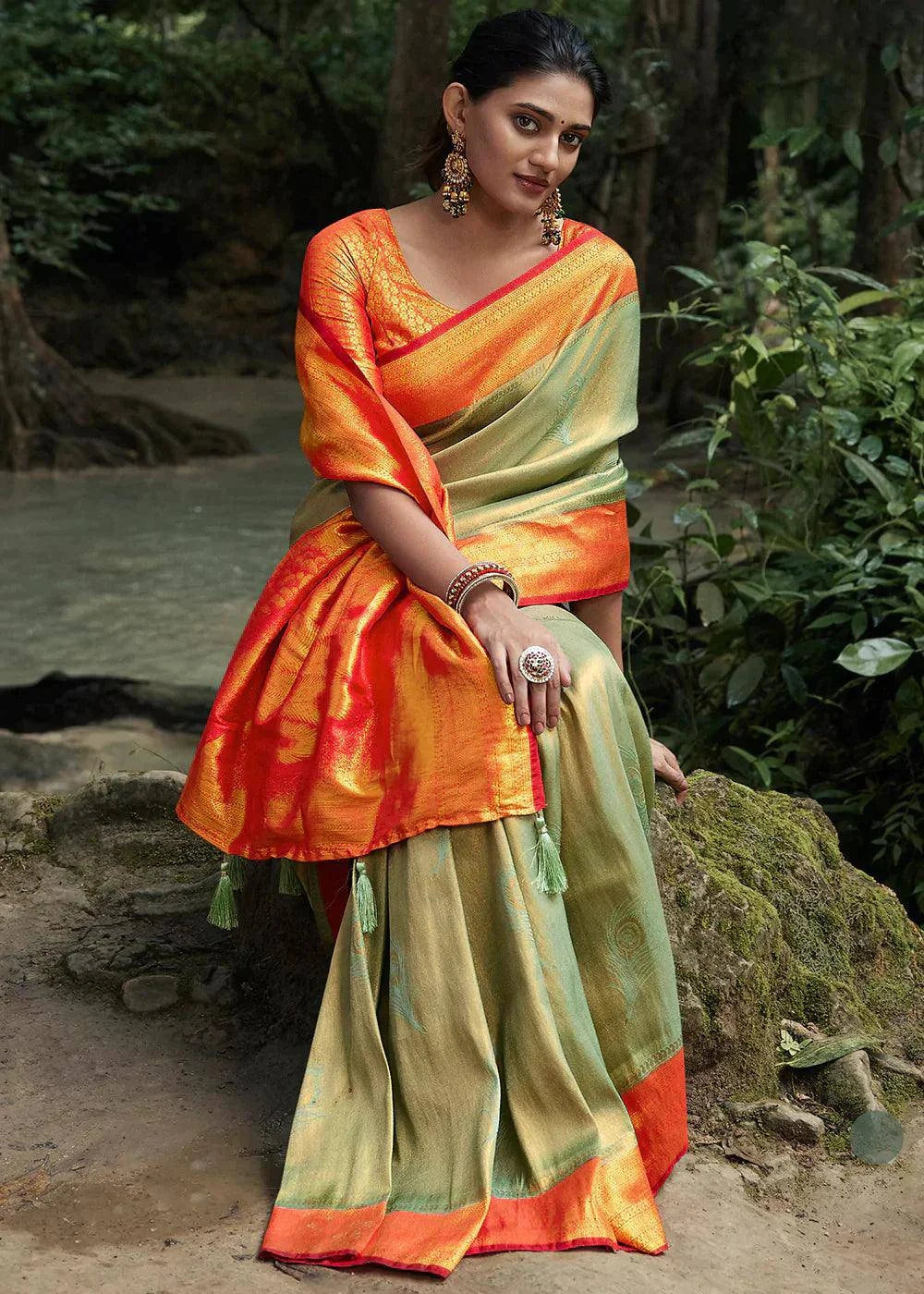 Tea Green Zari Woven Kanjivaram Silk Saree | Stitched Blouse - qivii