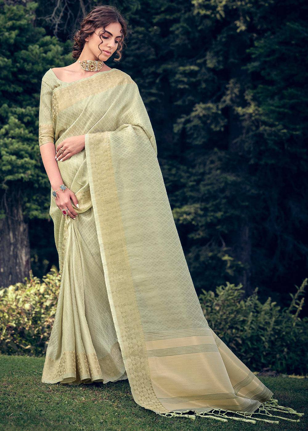 Tea Green Zari Woven Tissue Silk Saree | Stitched Blouse - qivii