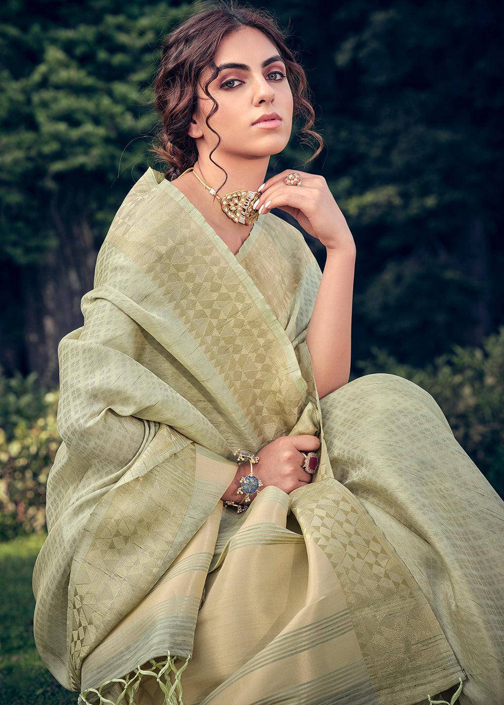 Tea Green Zari Woven Tissue Silk Saree | Stitched Blouse - qivii