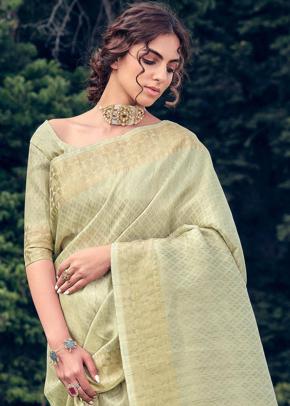 Tea Green Zari Woven Tissue Silk Saree | Stitched Blouse - qivii