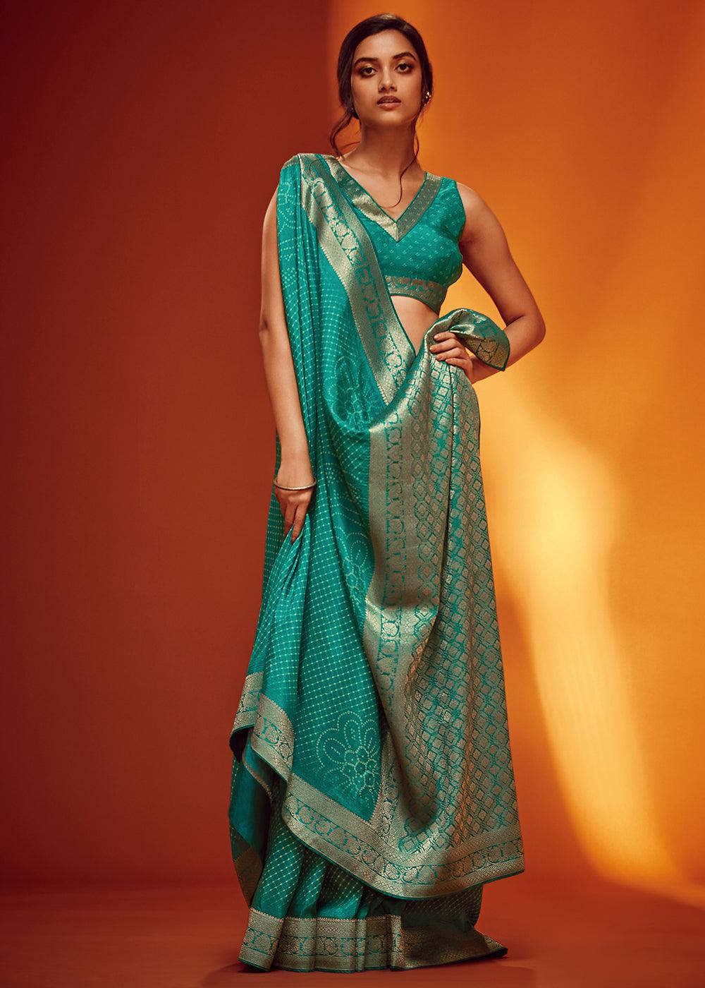 Teal Blue Bandhani Printed Woven Viscose Silk Saree - qivii