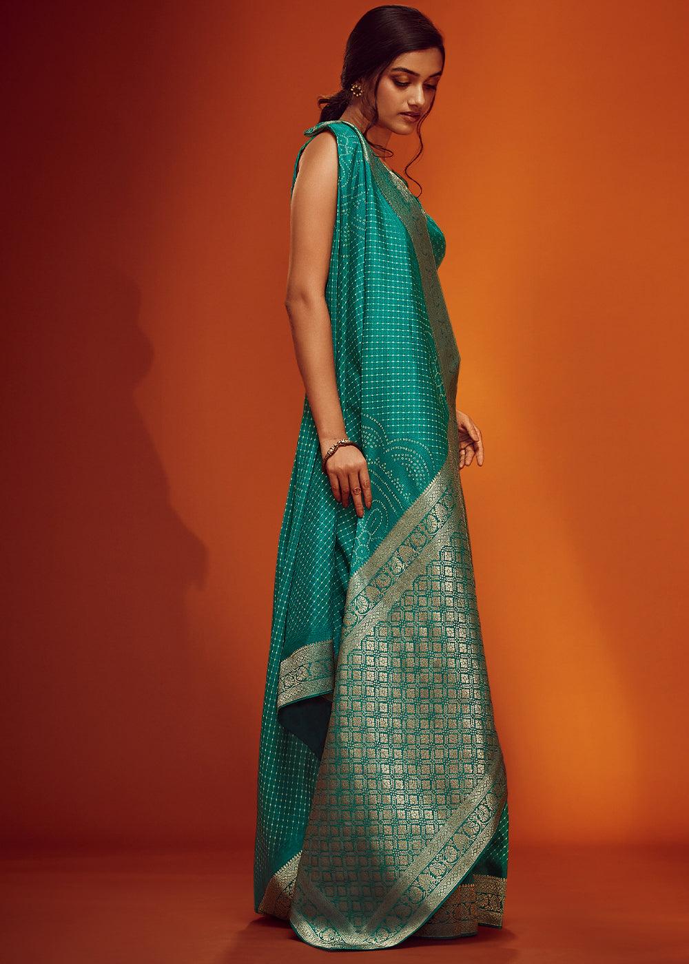 Teal Blue Bandhani Printed Woven Viscose Silk Saree - qivii