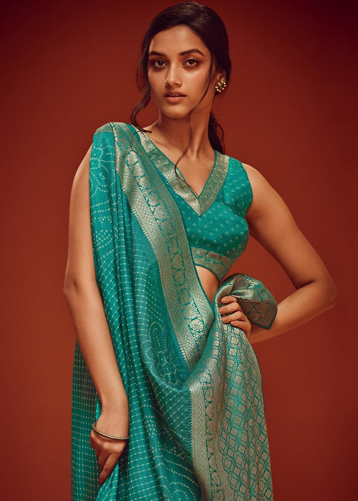 Teal Blue Bandhani Printed Woven Viscose Silk Saree - qivii