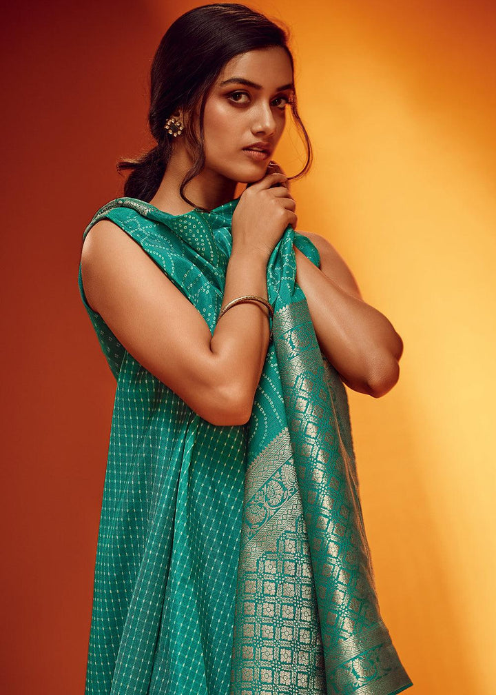 Teal Blue Bandhani Printed Woven Viscose Silk Saree - qivii