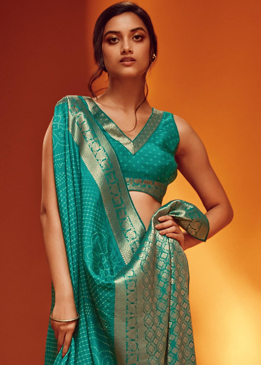 Teal Blue Bandhani Printed Woven Viscose Silk Saree - qivii