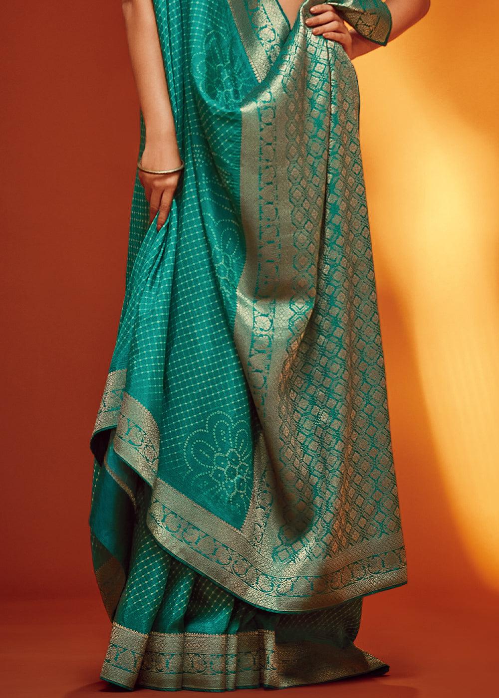 Teal Blue Bandhani Printed Woven Viscose Silk Saree - qivii