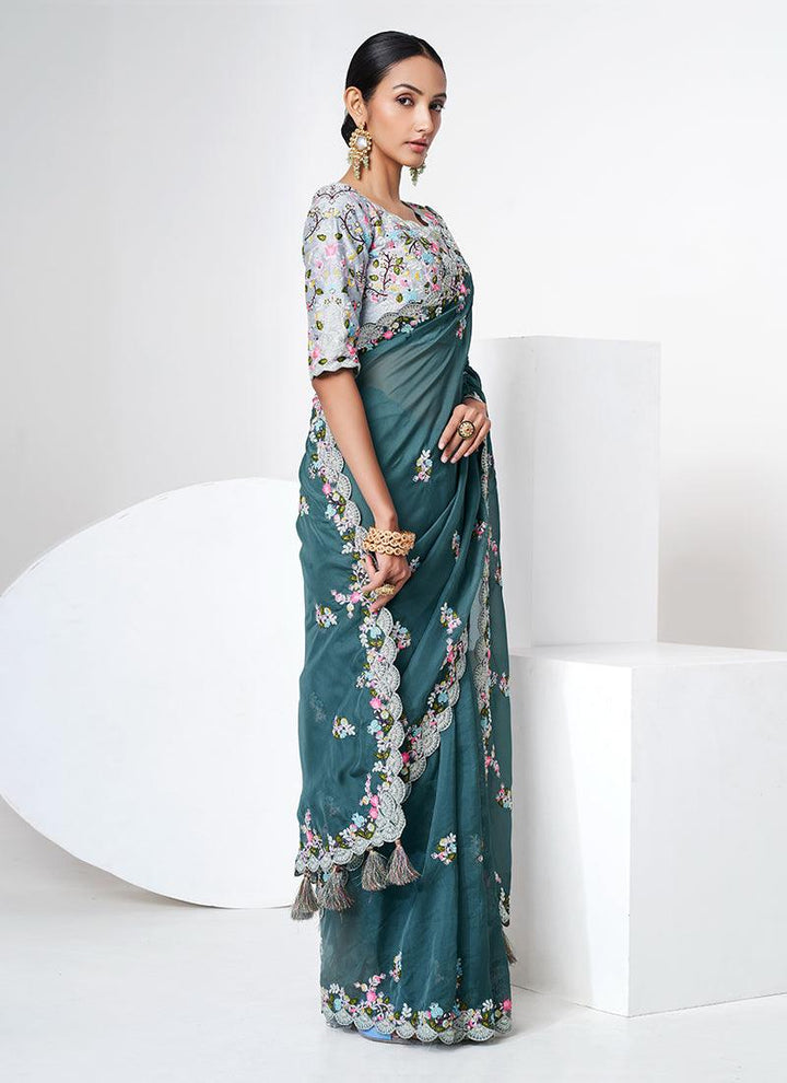 Teal Blue Color Organza Base Saree  - By Kreeva