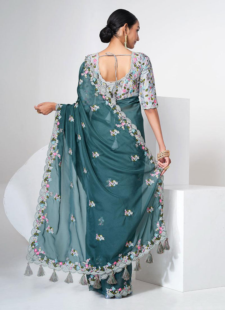 Teal Blue Color Organza Base Saree  - By Kreeva