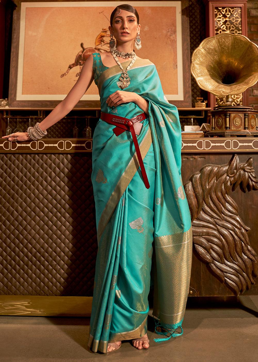 Teal Blue Copper Zari Woven Designer Silk Saree - qivii