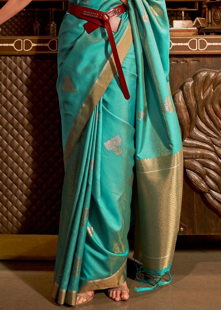 Teal Blue Copper Zari Woven Designer Silk Saree - qivii