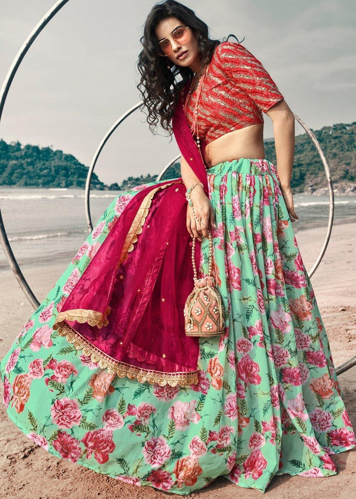 Teal Blue Designer Printed Organza Lehenga with Soft Net Dupatta - qivii