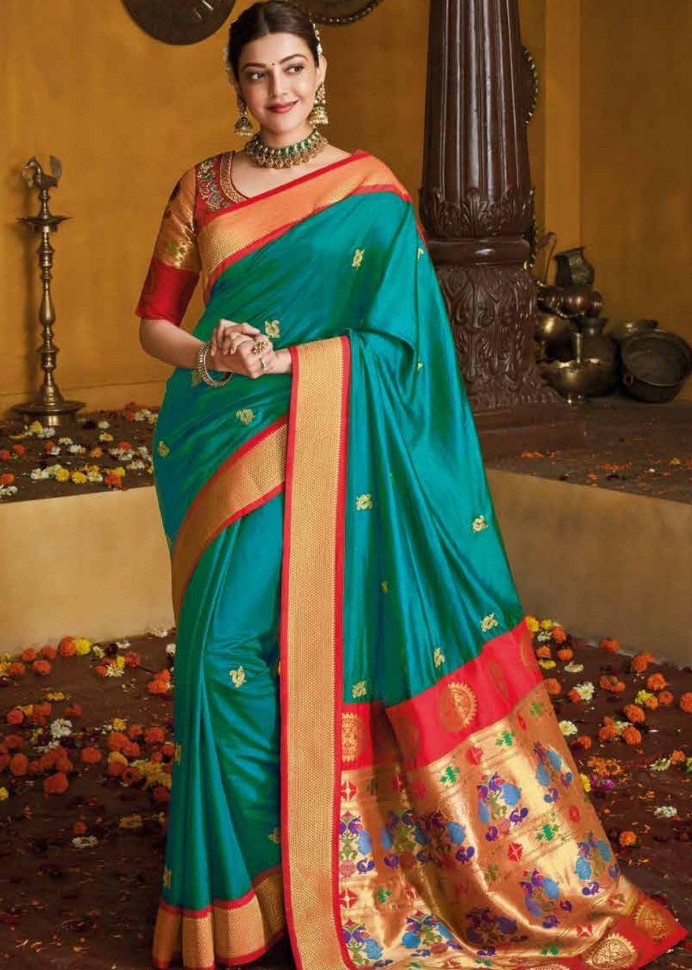 Teal Blue Gold Zari Woven Paithani Silk Saree with Designer Blouse | Stitched Blouse - qivii