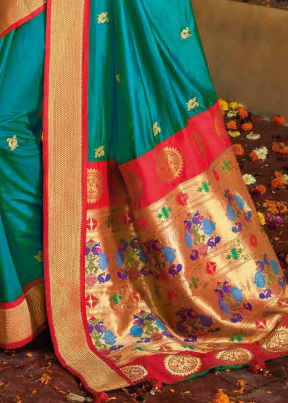 Teal Blue Gold Zari Woven Paithani Silk Saree with Designer Blouse | Stitched Blouse - qivii