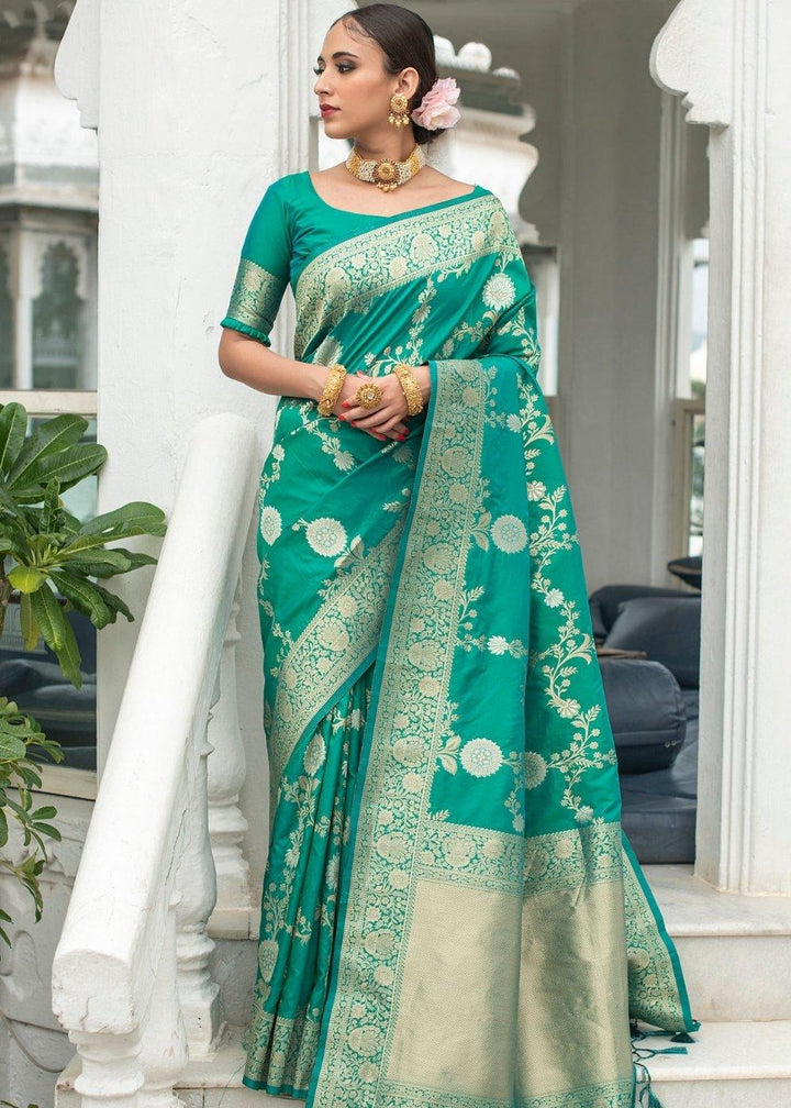 Teal Blue Soft Banarasi Silk Saree with Floral Zari work | Stitched Blouse - qivii