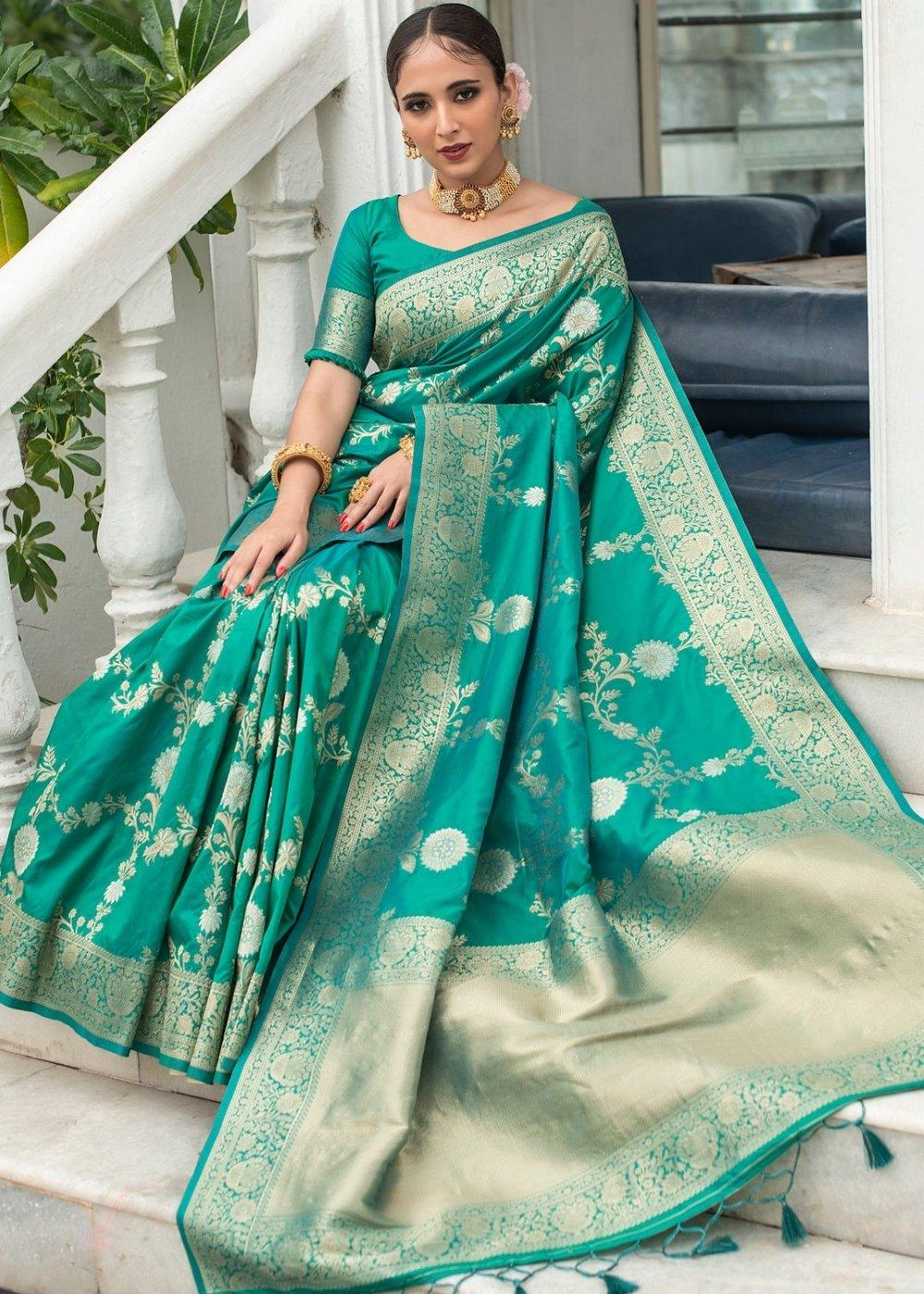 Teal Blue Soft Banarasi Silk Saree with Floral Zari work | Stitched Blouse - qivii