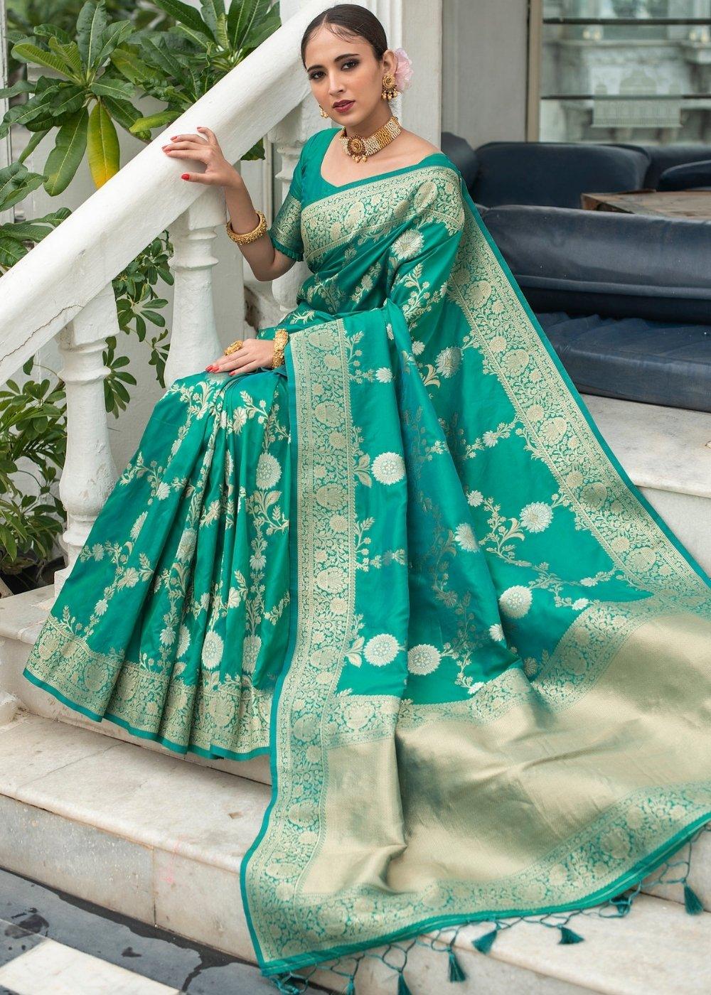 Teal Blue Soft Banarasi Silk Saree with Floral Zari work | Stitched Blouse - qivii