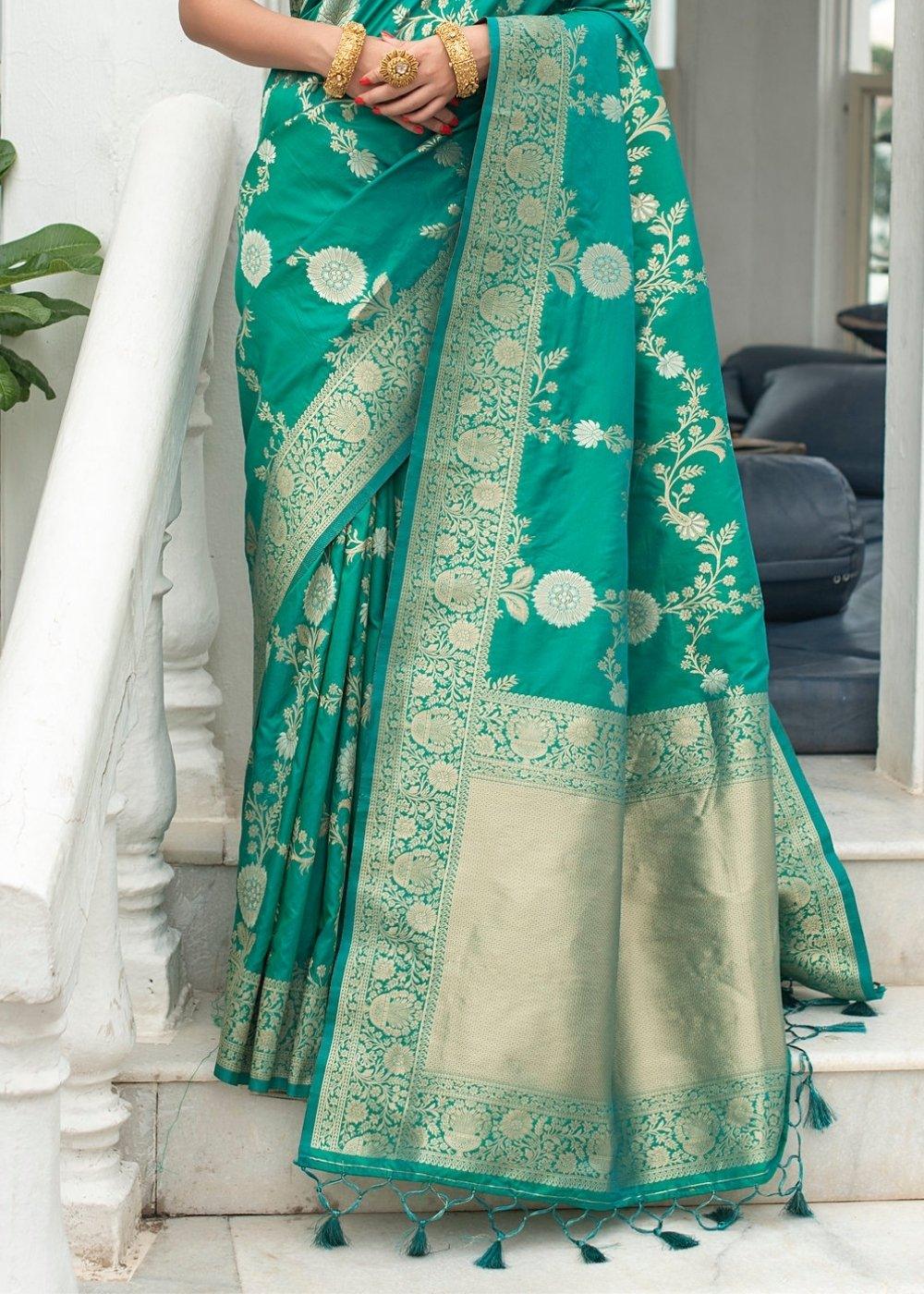 Teal Blue Soft Banarasi Silk Saree with Floral Zari work | Stitched Blouse - qivii