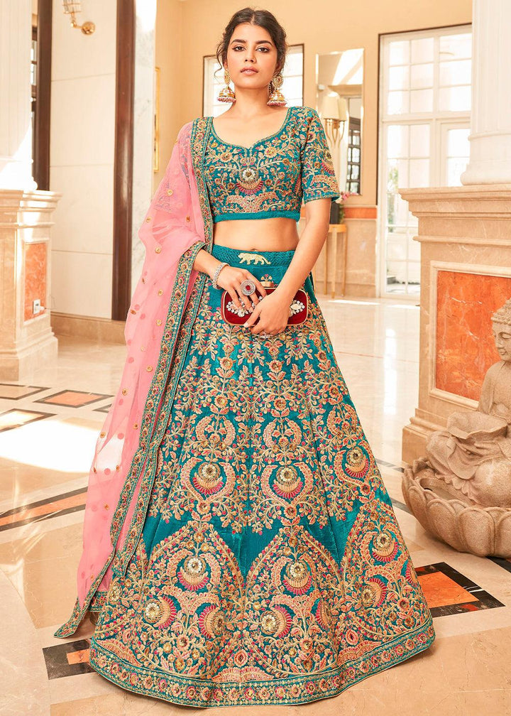 Teal Blue Velvet Lehenga Choli with Thread, Zari,Dori & Sequins work - qivii