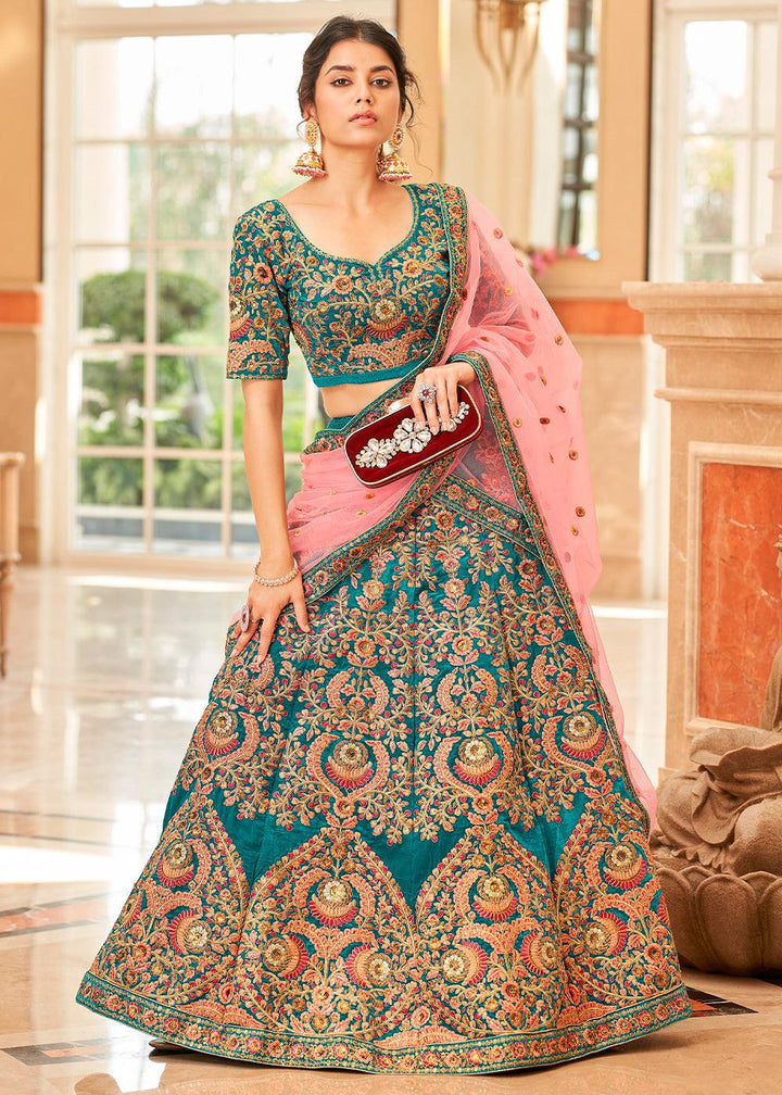 Teal Blue Velvet Lehenga Choli with Thread, Zari,Dori & Sequins work - qivii