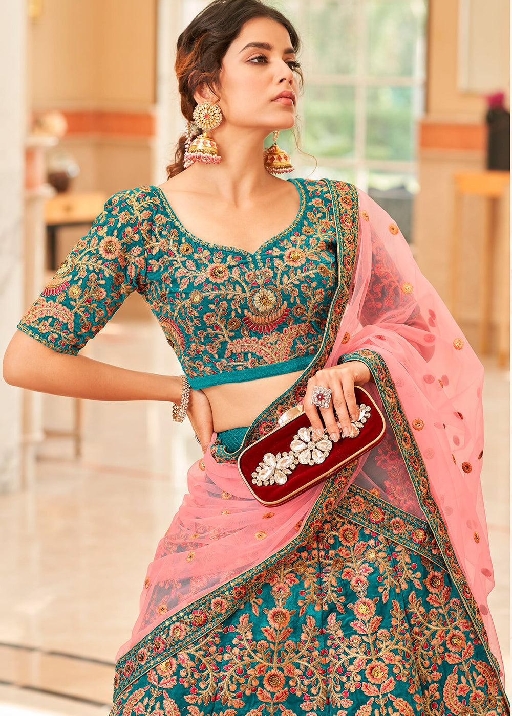 Teal Blue Velvet Lehenga Choli with Thread, Zari,Dori & Sequins work - qivii