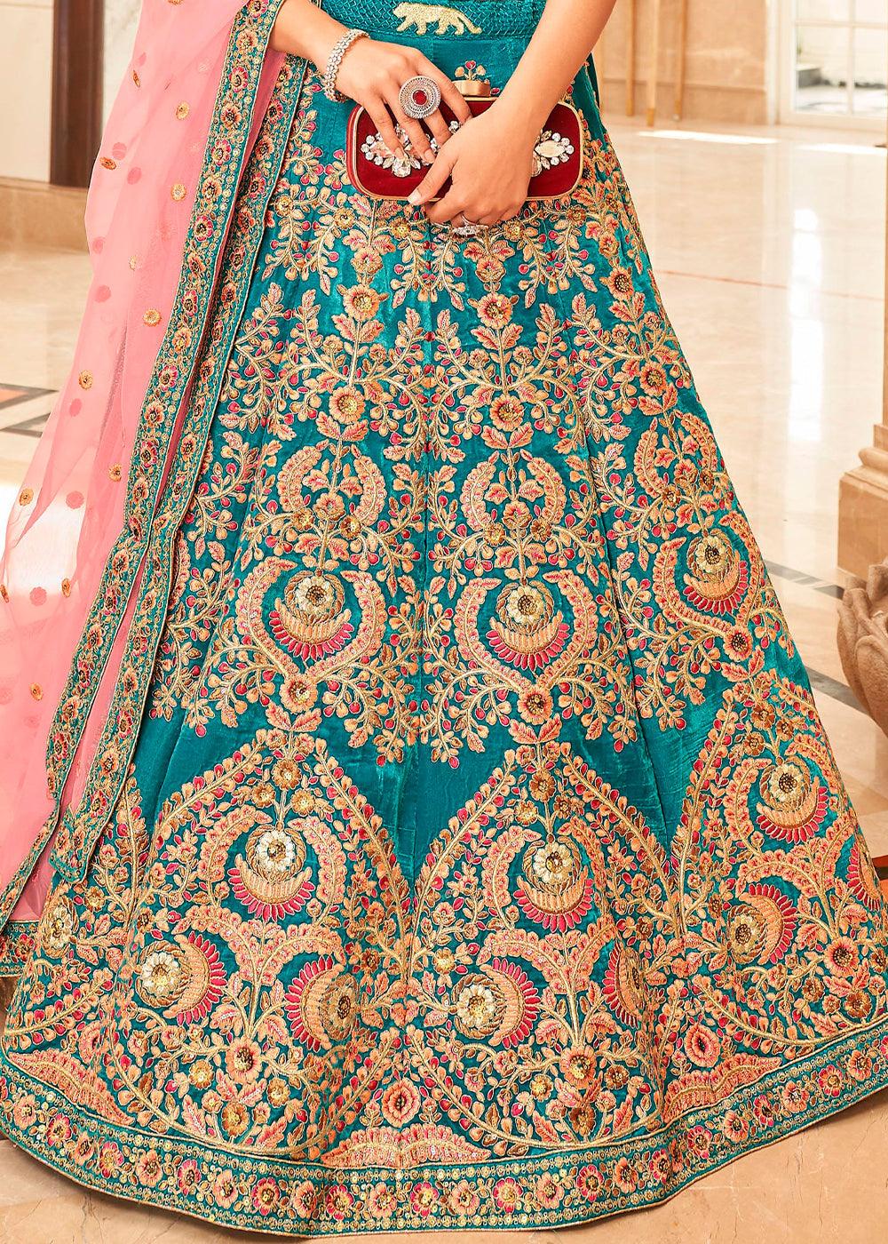 Teal Blue Velvet Lehenga Choli with Thread, Zari,Dori & Sequins work - qivii