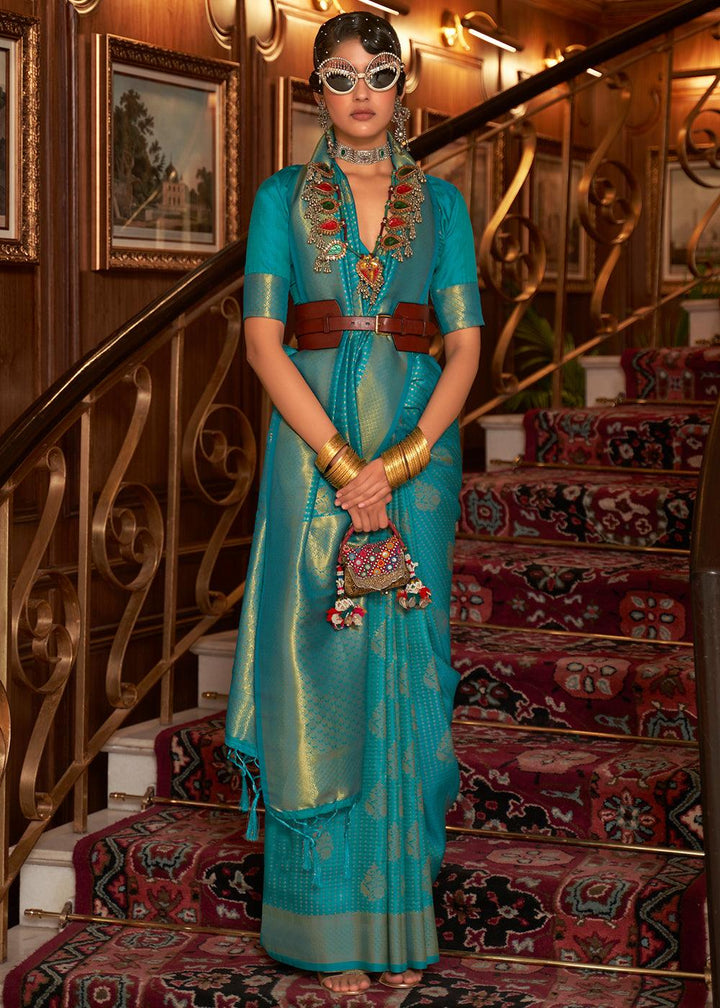 Teal Blue Woven Banarasi Silk Saree | Stitched Blouse - qivii