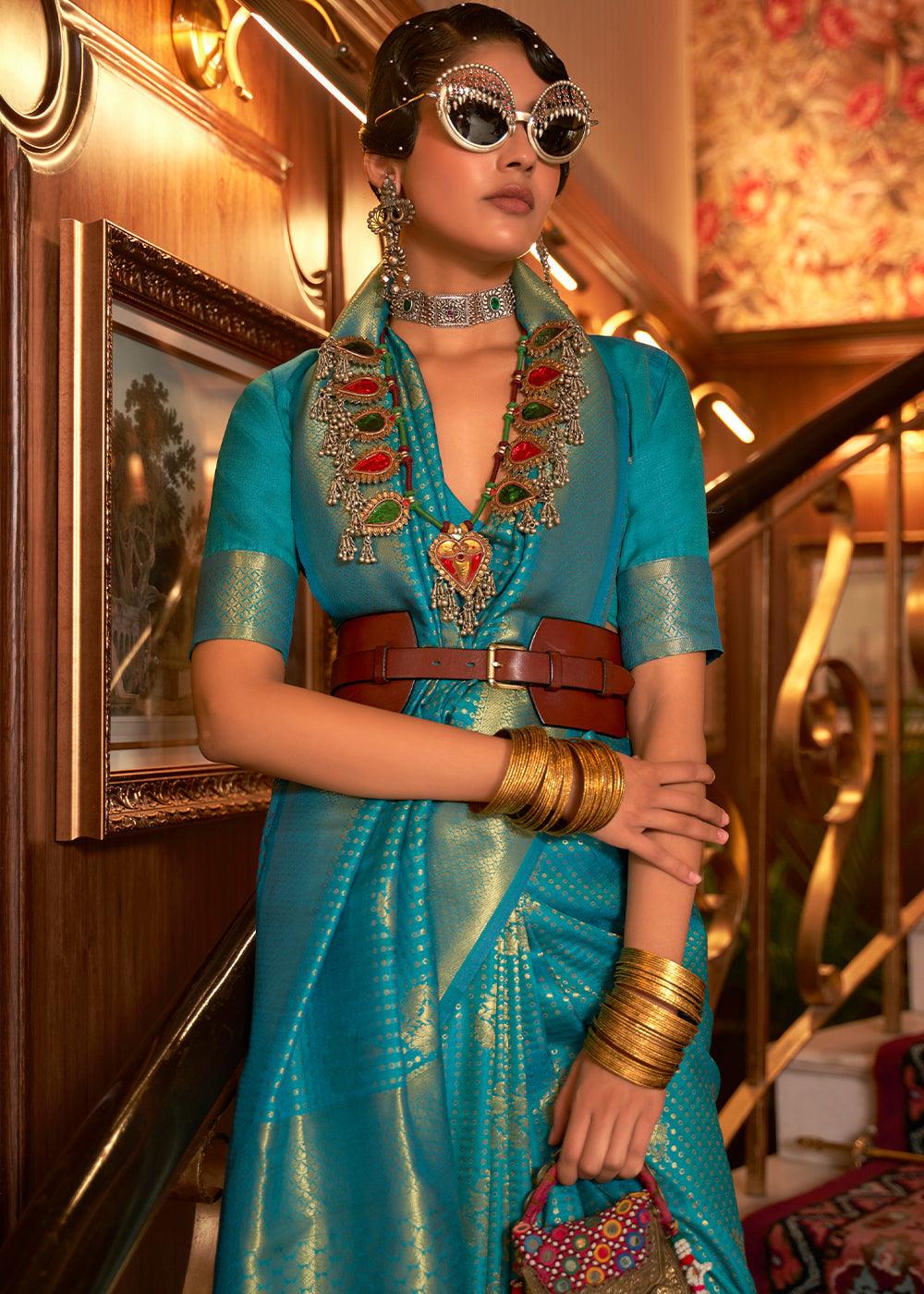 Teal Blue Woven Banarasi Silk Saree | Stitched Blouse - qivii