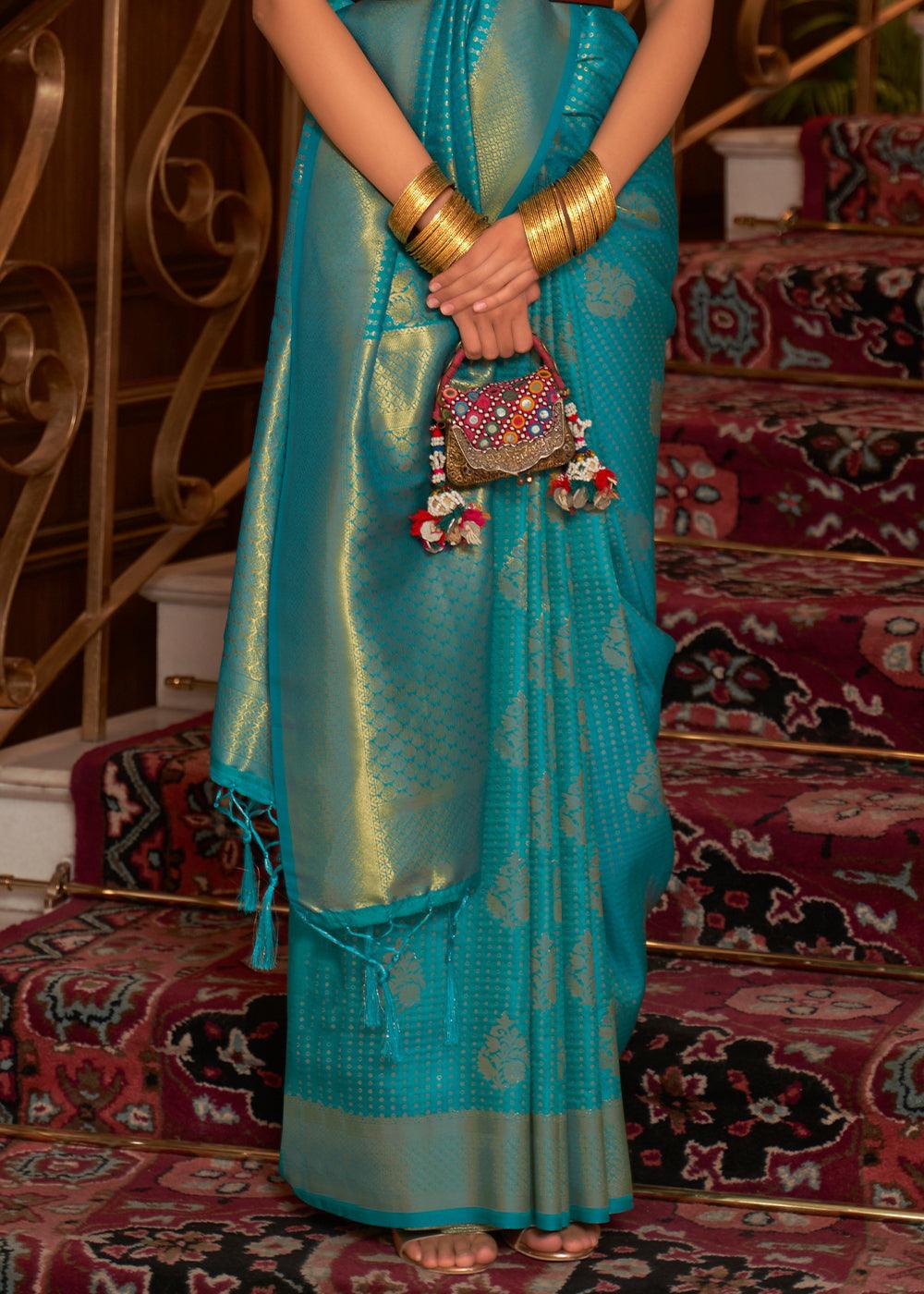 Teal Blue Woven Banarasi Silk Saree | Stitched Blouse - qivii