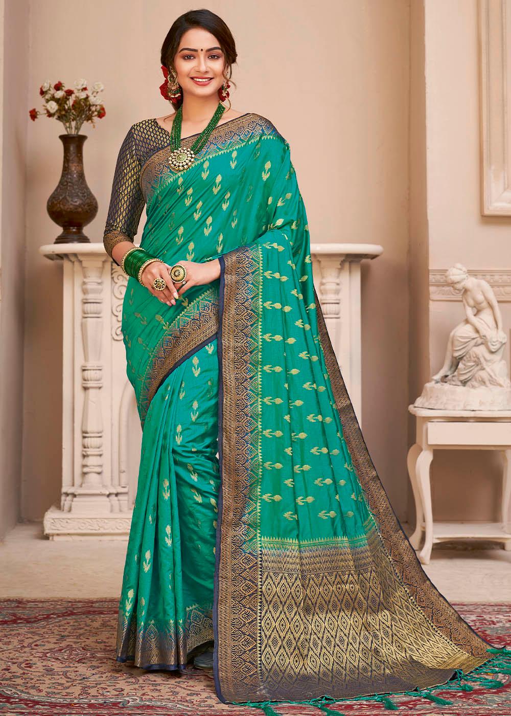 Teal Blue Woven Banarasi Silk Saree with Overall Butti work | Stitched Blouse - qivii